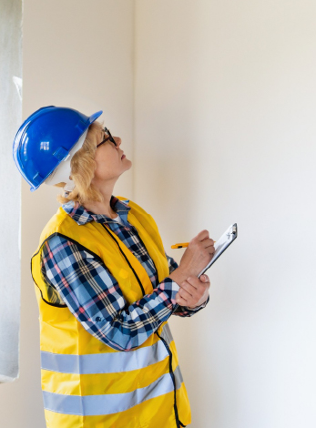 Une femme en tenue de chantier analyse un mur pour prévoir de futur travaux